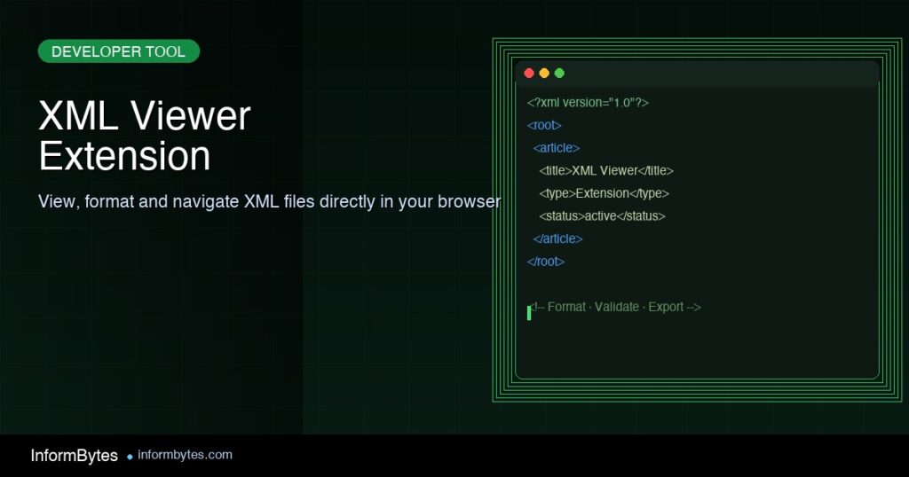 XML Viewer browser extension showing formatted XML code in a dark editor window