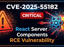 CVE-2025-55182 critical security vulnerability in React Server Components showing warning icon, digital breach arrows, React and JavaScript logos with CRITICAL badge and RCE Vulnerability text for InformBytes technical security blog