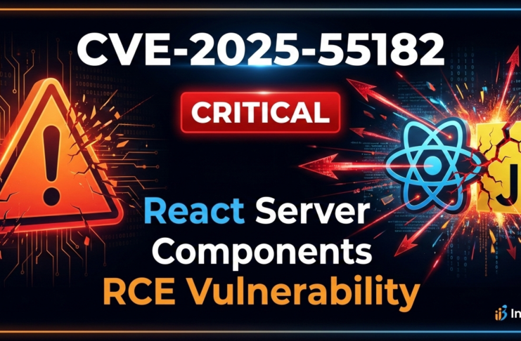 CVE-2025-55182 critical security vulnerability in React Server Components showing warning icon, digital breach arrows, React and JavaScript logos with CRITICAL badge and RCE Vulnerability text for InformBytes technical security blog