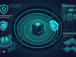 Zero trust security framework with layered shields protecting enterprise data vault and identity verification nodes