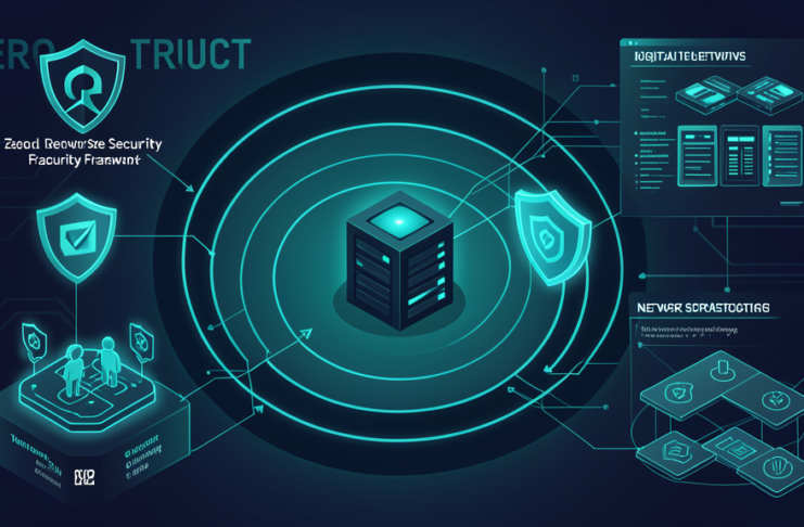 Zero trust security framework with layered shields protecting enterprise data vault and identity verification nodes