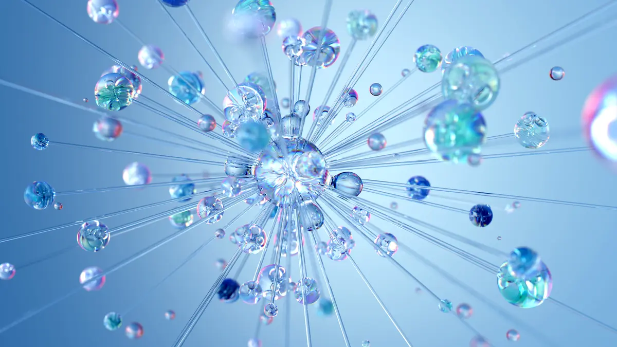 Glass-like connected spheres in an abstract network illustration.