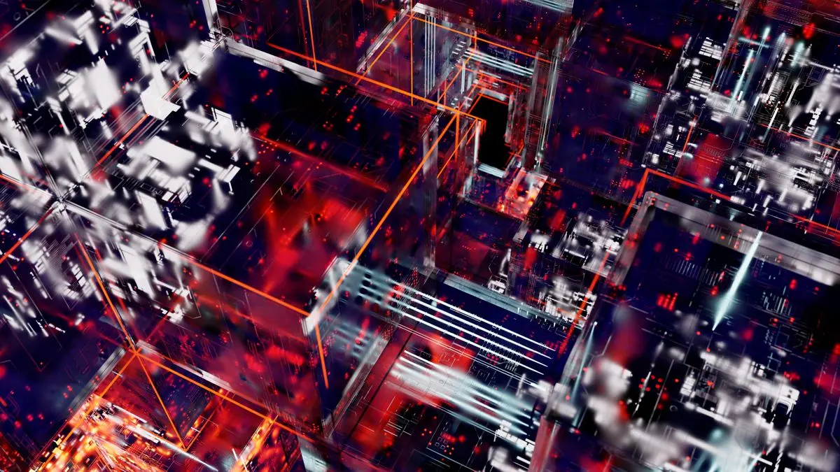 Abstract red and black circuitry with illuminated connections.