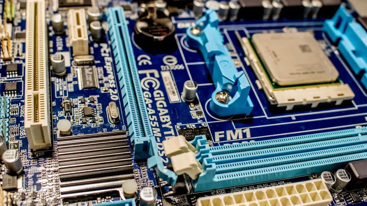 Processor socket and expansion slots on a motherboard.