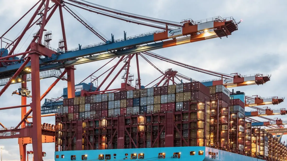 Container ship alongside cargo cranes in Hamburg.