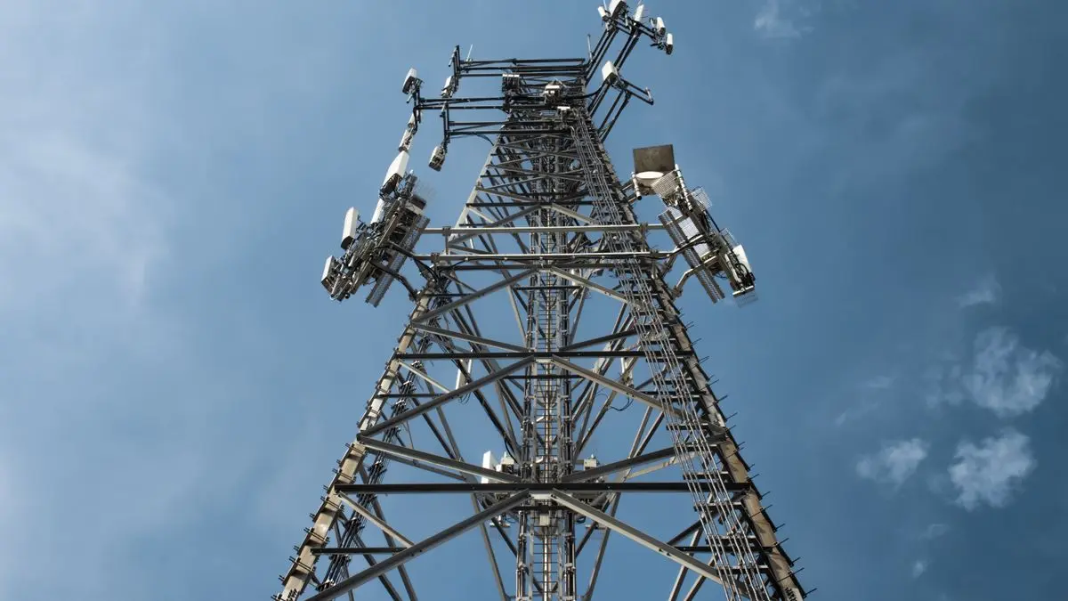 Communications tower viewed from below.