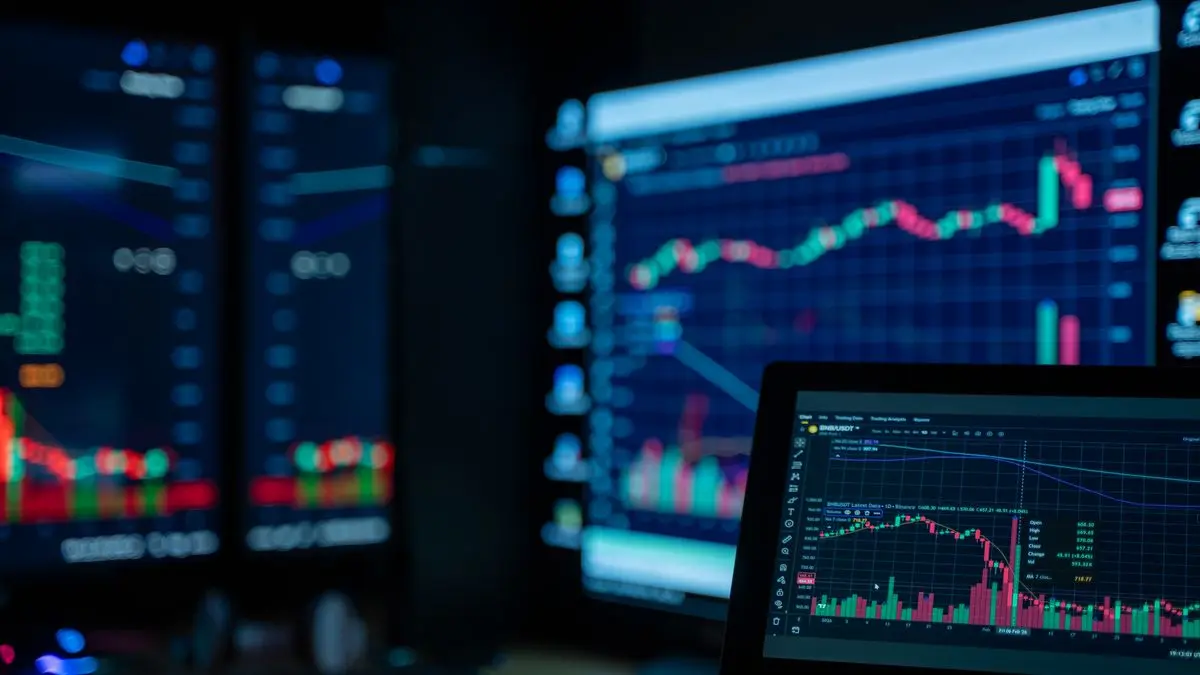 Market charts displayed on monitors in a dark room.